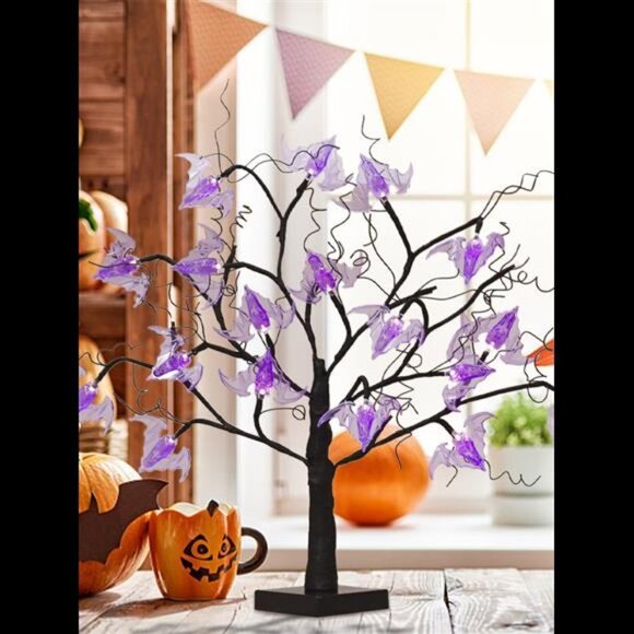 Doolland 21 In Halloween Willow Tree,Halloween Lighted Tree with 24 Purple Bats - Picture 7 of 9